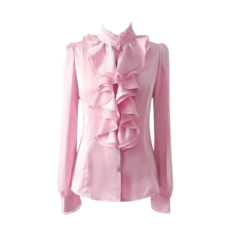 Pink Ruffled Collar Long Sleeve Shirt for Women