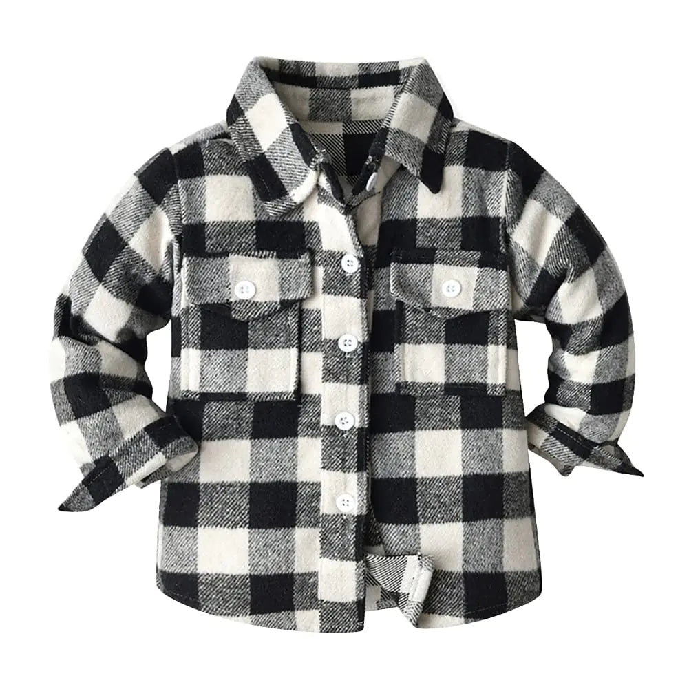 OBEEII Toddler Boys Girls Plaid Flannel Shirts Jacket Long Sleeve Lapel Button Down Shirts Coats Shacket Back to School Christmas Birthday Photoshoot Fall Winter Outerwear for Kids Black 12-18 Months