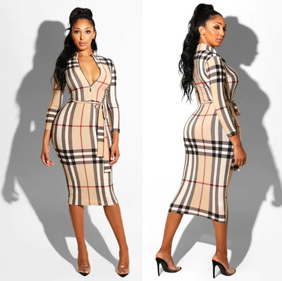 Printed Zipper Dress with Belted Design