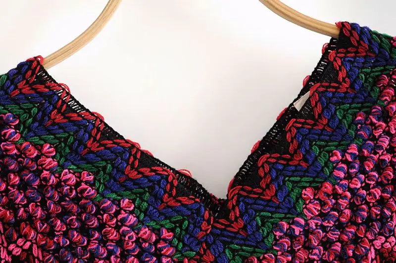 Irregular V-Neck Knit Sweater with Fringe Shawl