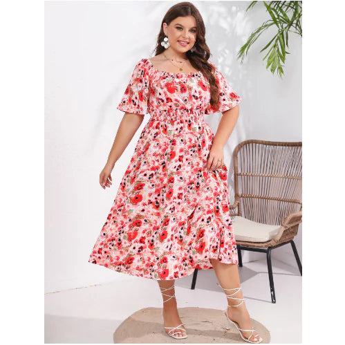 Plus Size Women's Floral Square Neck Tea Dress