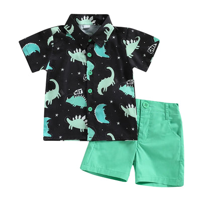 Toddler Boys Summer Outfits Button Down Short Sleeve Floral Shirts & Casual Shorts 1-6 Years Boys Clothes Set (Dinosaur Green 3-4 Years)