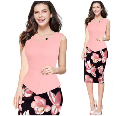 Floral Patchwork Plus Size Sleeveless Pencil Dress