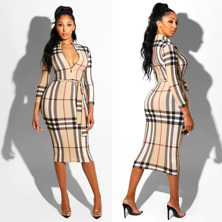 Printed Zipper Dress with Belted Design