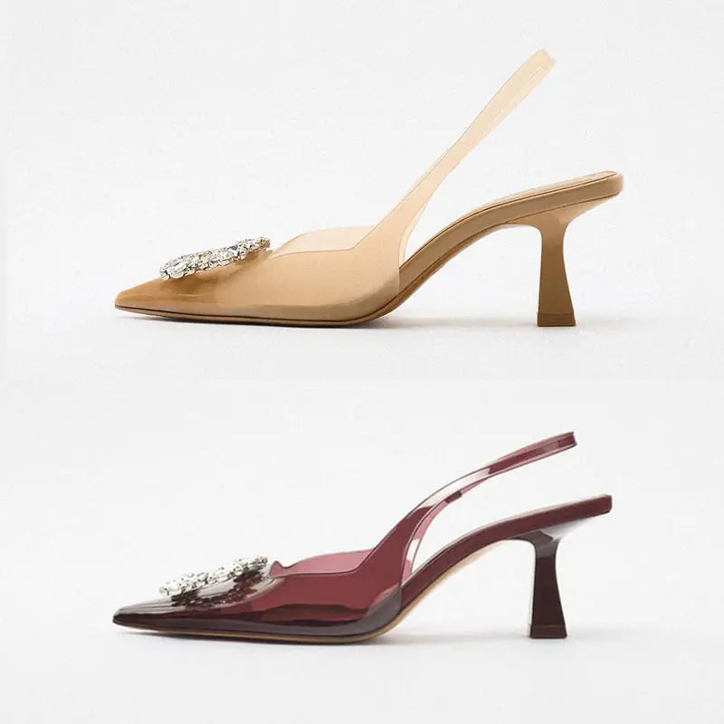 Summer 2023 Women's Beige High Heel Rhinestone Sandals