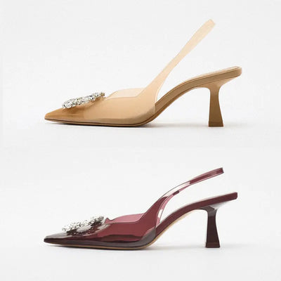 Summer 2023 Women's Beige High Heel Rhinestone Sandals