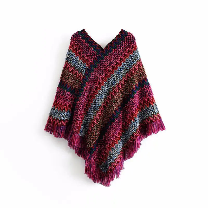 Irregular V-Neck Knit Sweater with Fringe Shawl