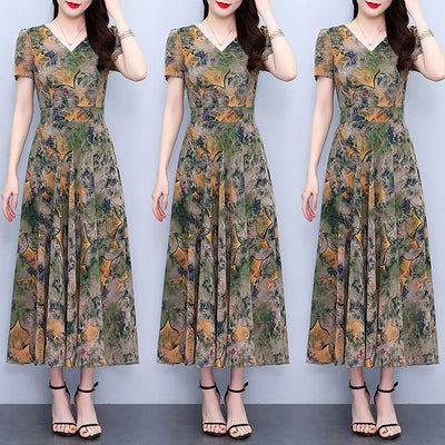 Plus Size Chiffon Floral Dress for Spring and Autumn