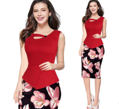 Floral Patchwork Plus Size Sleeveless Pencil Dress