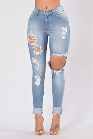 Blue Ripped High Waist Skinny Jeans with Slash Pockets