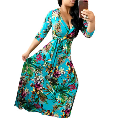 Plus Size Floral Maxi Dress with V-Neck Design