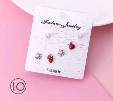 925 Silver Stud Earrings Set with Zirconia and Fruit Design