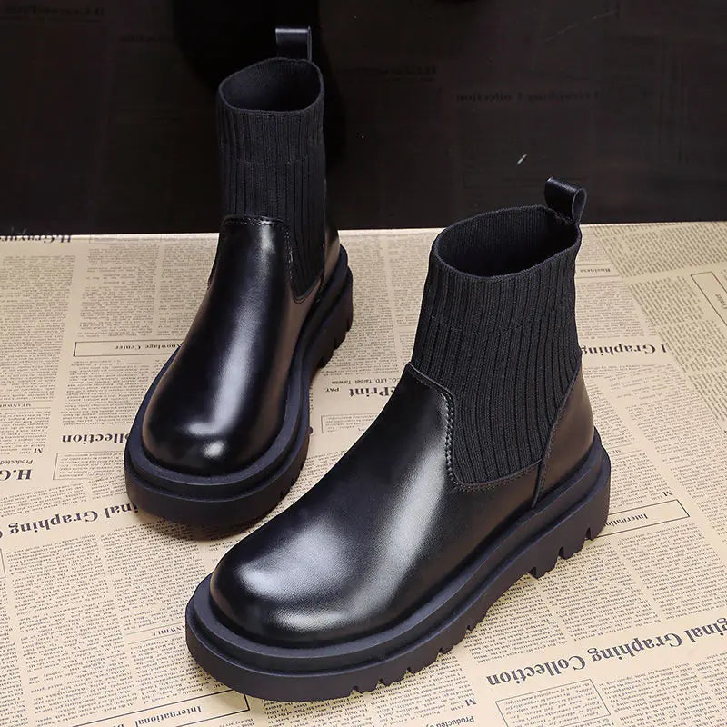 British Style Lace-up Platform Short-knit Martin Boots