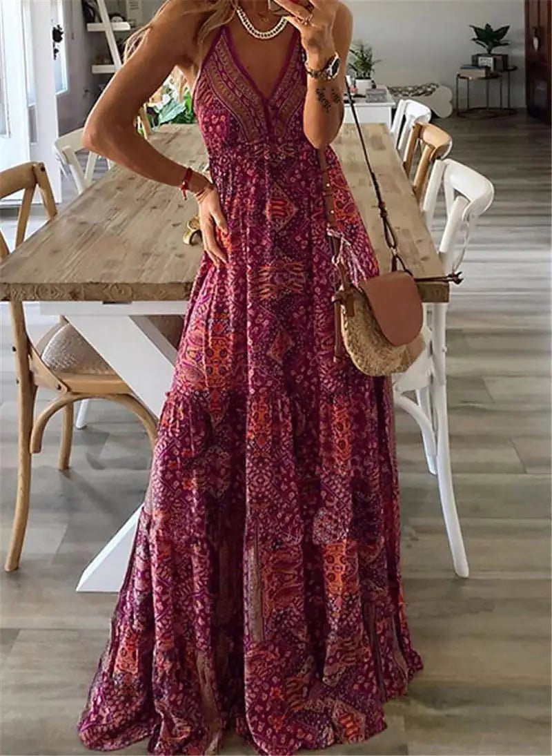 Bohemian High Waisted V - neck Floral Dress - ActOn