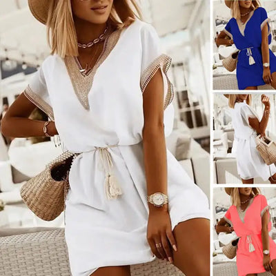 Lace V-Neck Casual Dress with Doll Sleeves