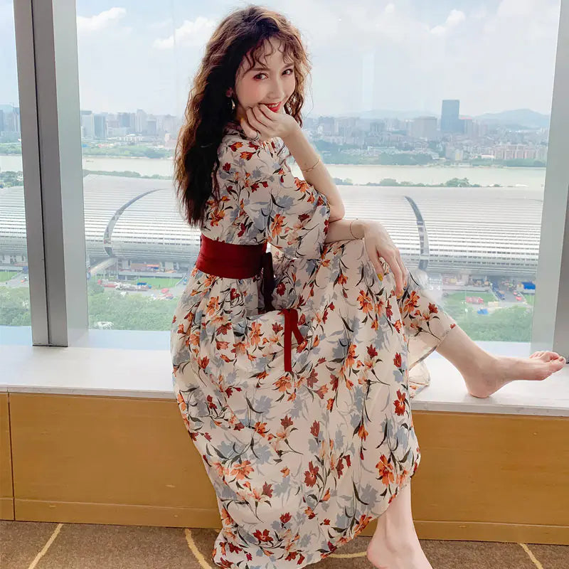 Plus Size Modified Hanfu Summer Dress with Floral Design