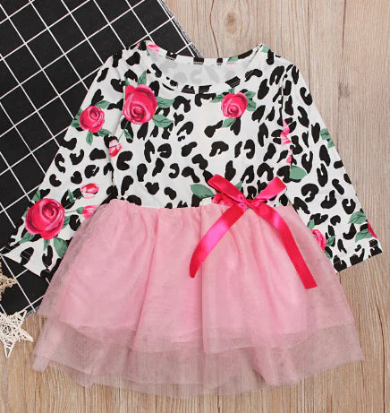 Girls' Leopard Floral Dress - Tulle Princess Dress