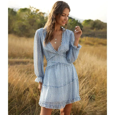 Sexy Backless Floral Dress with Ruffle Details