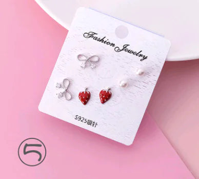 925 Silver Stud Earrings Set with Zirconia and Fruit Design