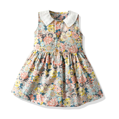 Girls' Vintage Floral Dress - Sleeveless Summer Style
