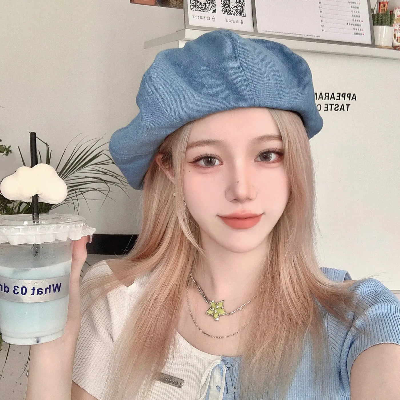 Blue Denim Beret for Women - Large Head Size