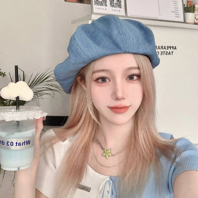 Blue Denim Beret for Women - Large Head Size