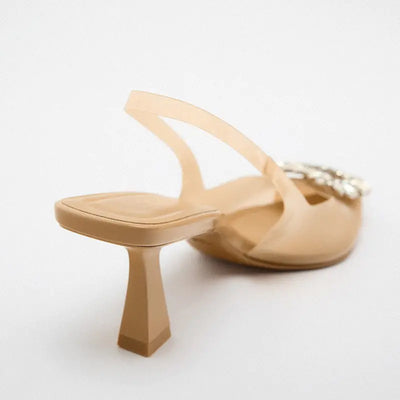 Summer 2023 Women's Beige High Heel Rhinestone Sandals