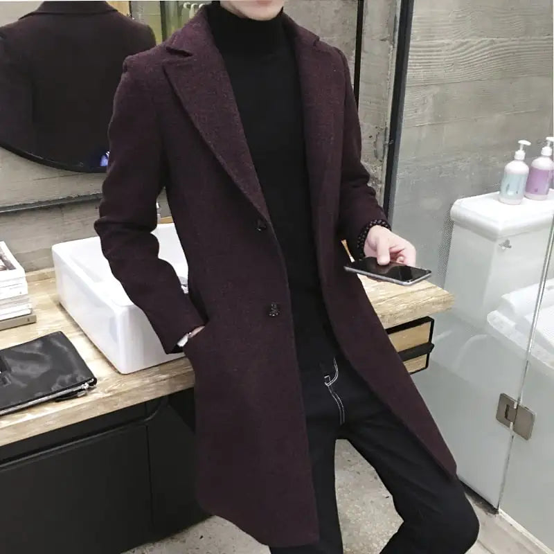 Korean Men's Mid-Length Woolen Coat - Large Size NF06