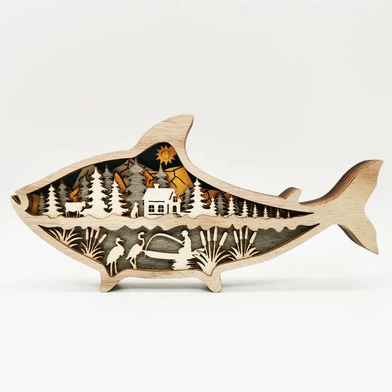 Wooden Fish Carving - Creative Ocean Art Desktop Decor