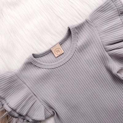 Gray Cotton Ribbed Set with Solid Top and Floral Overalls