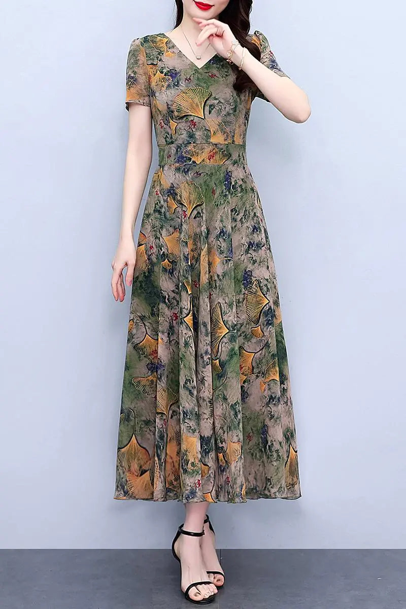 Plus Size Chiffon Floral Dress for Spring and Autumn