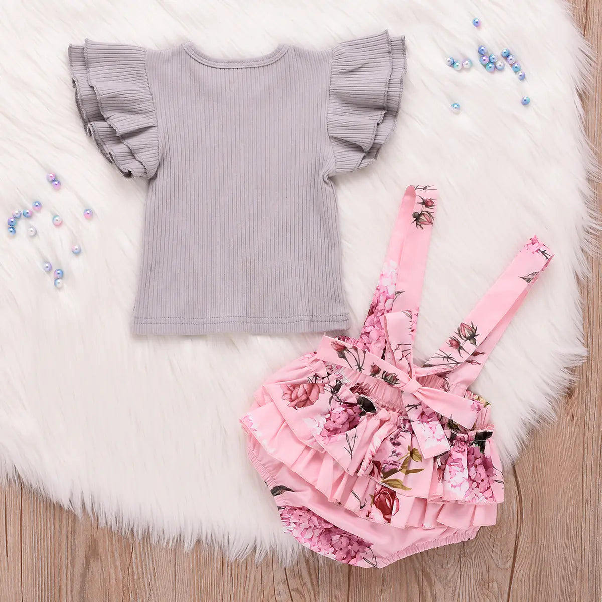 Gray Cotton Ribbed Set with Solid Top and Floral Overalls