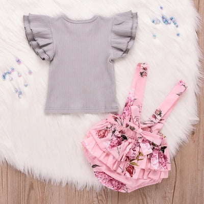 Gray Cotton Ribbed Set with Solid Top and Floral Overalls