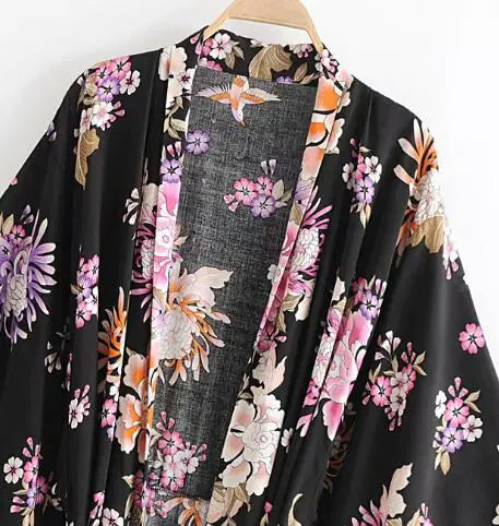 Women's Black Bohemian Printed Kimono Robe