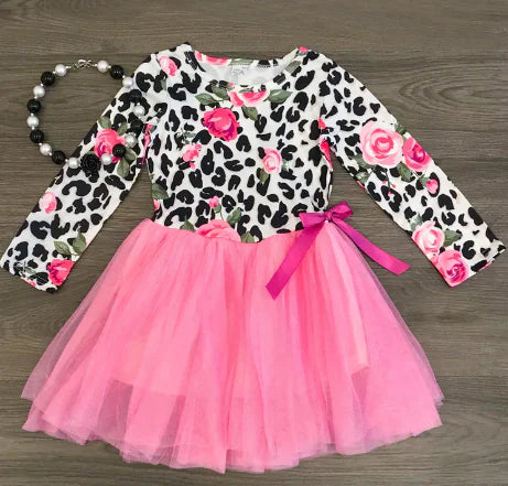Girls' Leopard Floral Dress - Tulle Princess Dress