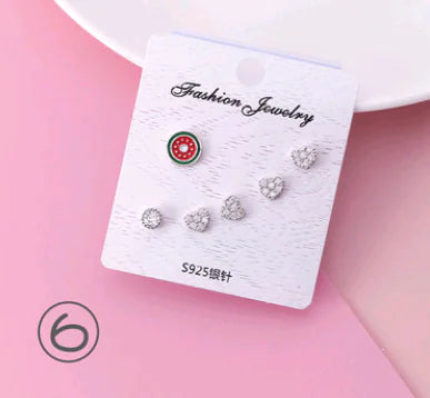 925 Silver Stud Earrings Set with Zirconia and Fruit Design