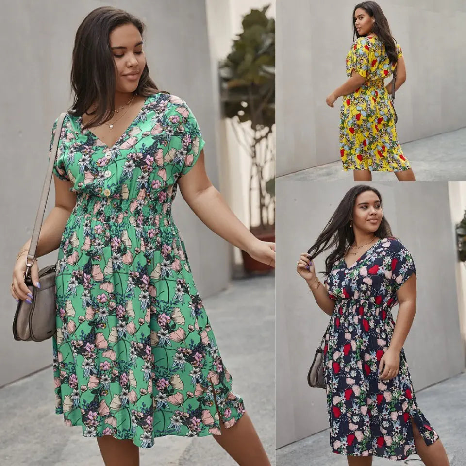 Plus Size Women's Summer V-Neck Floral Beach Dress