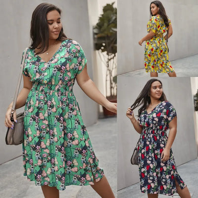 Plus Size Women's Summer V-Neck Floral Beach Dress