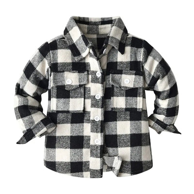 OBEEII Toddler Boys Girls Plaid Flannel Shirts Jacket Long Sleeve Lapel Button Down Shirts Coats Shacket Back to School Christmas Birthday Photoshoot Fall Winter Outerwear for Kids Black 12-18 Months