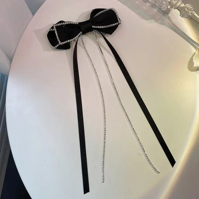 Black Bow Hair Accessory with Rhinestones and Tassels