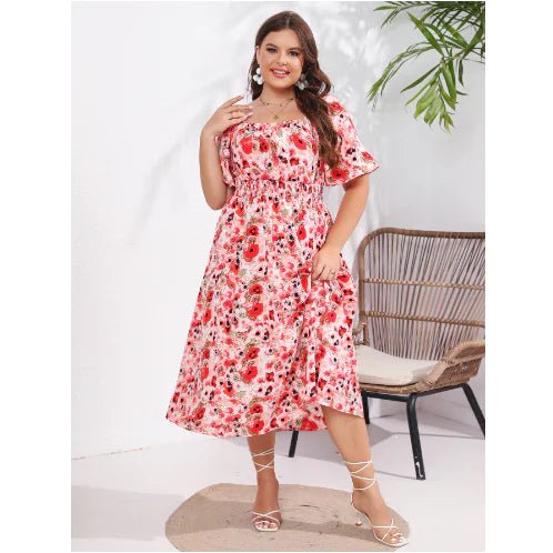 Plus Size Women's Floral Square Neck Tea Dress - ActOn
