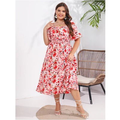 Plus Size Women's Floral Square Neck Tea Dress - ActOn