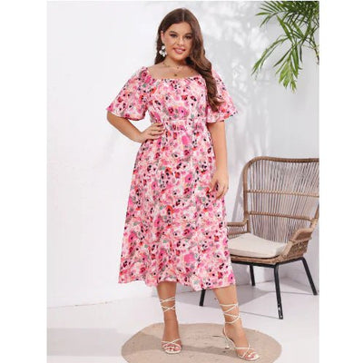 Plus Size Women's Floral Square Neck Tea Dress - ActOn