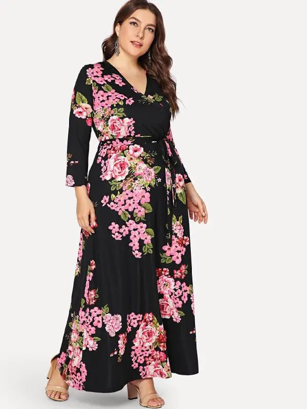 Plus Size Women's Floral Tie Waist Maxi Dress - ActOn