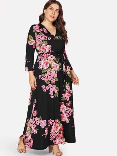 Plus Size Women's Floral Tie Waist Maxi Dress - ActOn
