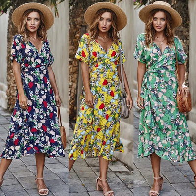 Plus Size Women's Summer V - Neck Floral Beach Dress - ActOn