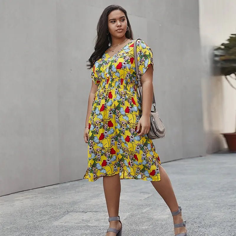 Plus Size Women's Summer V - Neck Floral Beach Dress - ActOn