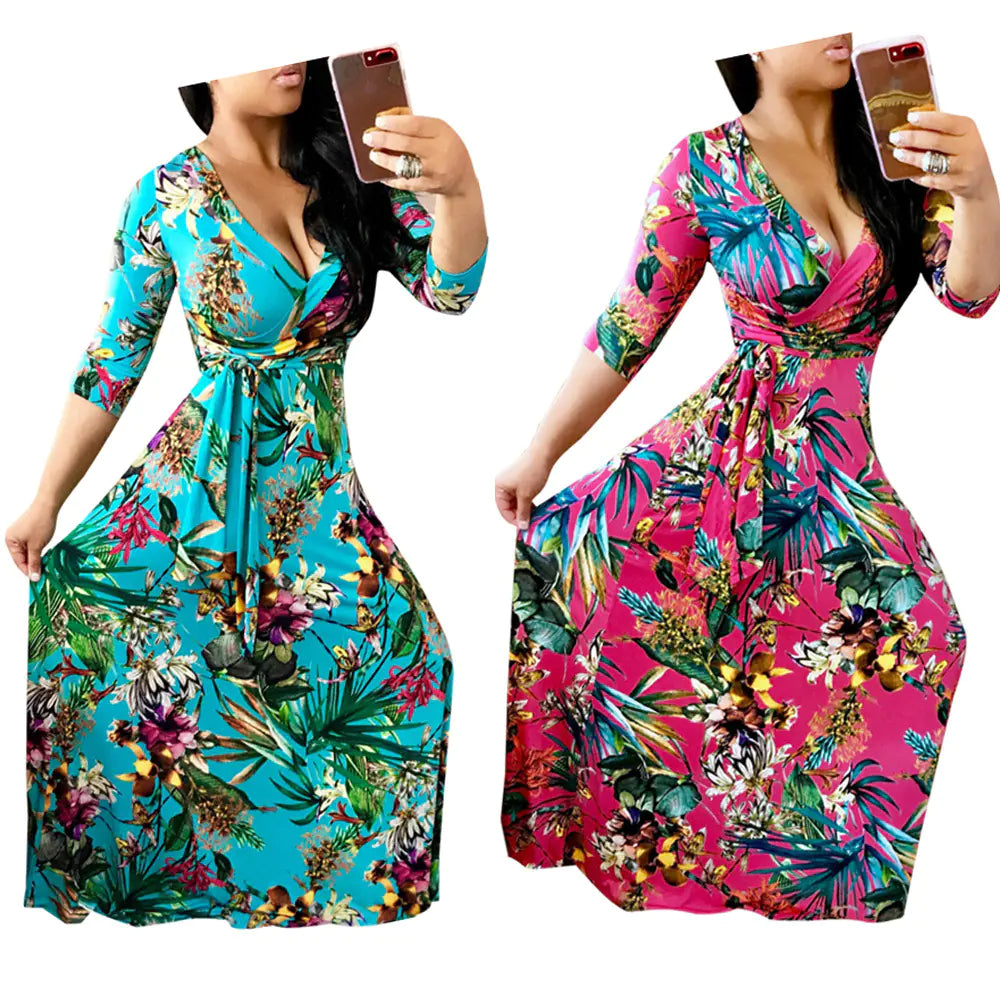 Plus Size Floral Maxi Dress with V-Neck Design