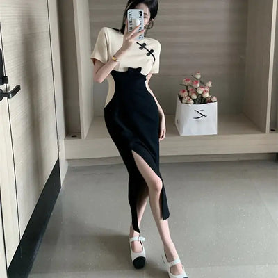 Chinese Style Slit Midi Skirt with Waist Stitching