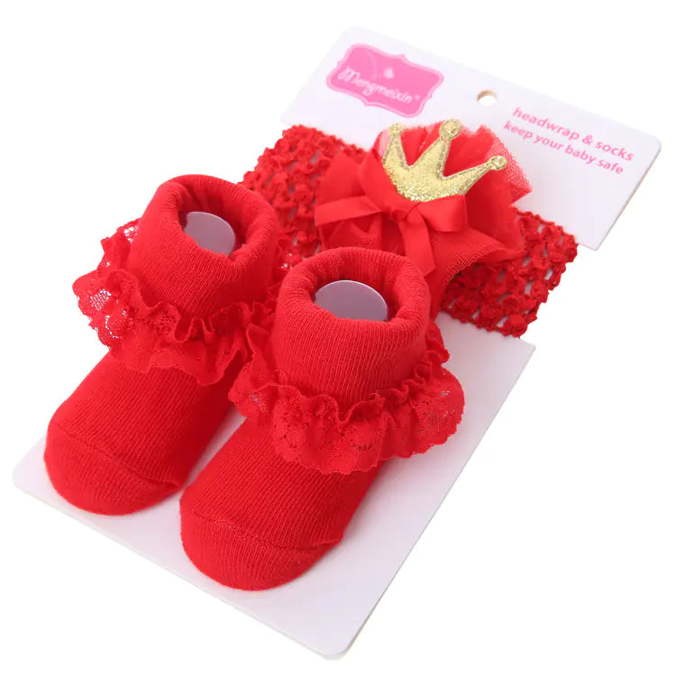 Solid Color Bow Lace Baby Socks and Headband Set
